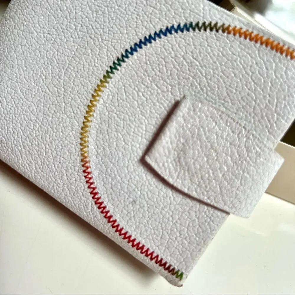 Vintage 1950s 1960s MCM Deadstock New in Box White Leather Rainbow Stitch Wallet
